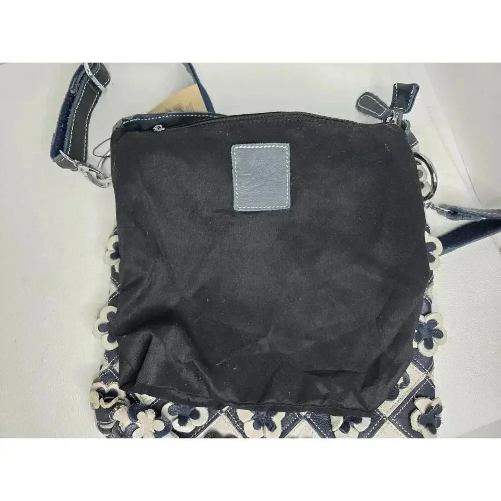 H2Z Leather 3D Floral Navy/Lt. Gray Crossbody Purse Boho Hippie Retro UPCYCLED